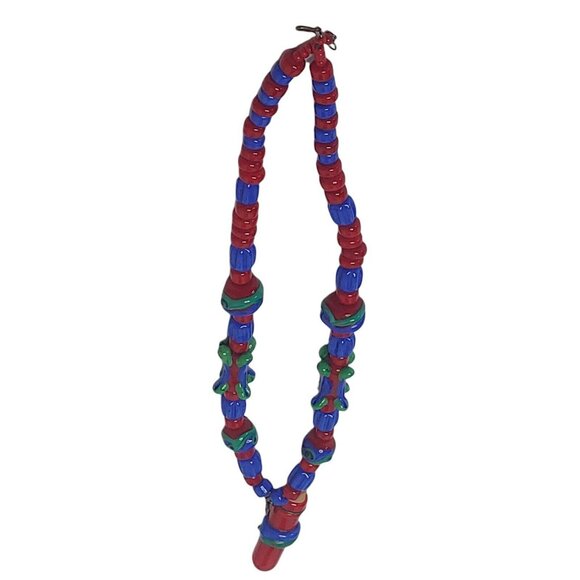 Beaded Art Glass Necklace Potion Bottle Charm Cork Red Blue Hippie Boho 11.5" - Picture 5 of 9